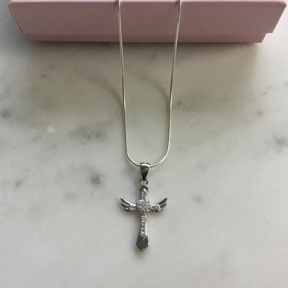 Sterling Silver Cz Cross with Angel Wings Necklace - Picture 2 of 16